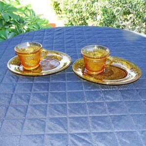 Two Tiara Amber Sandwich Glass Cup and Saucer Sets